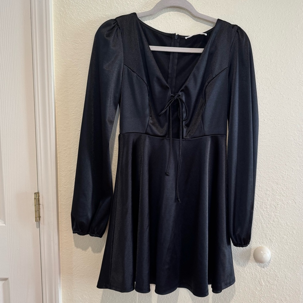 painted threads Black Long-Sleeve Tie-Front Mini Dress